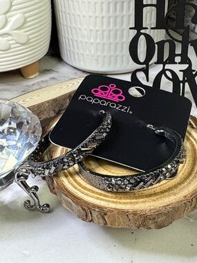 Paparazzi Gunmetal Hoop Earrings with Black Crystal Accents